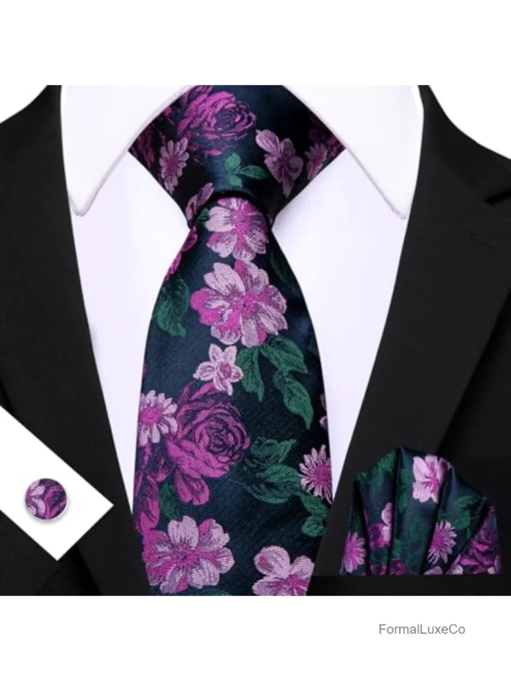 Men's Silk Tie Cufflinks Pocket Square Set Floral (No colors)
